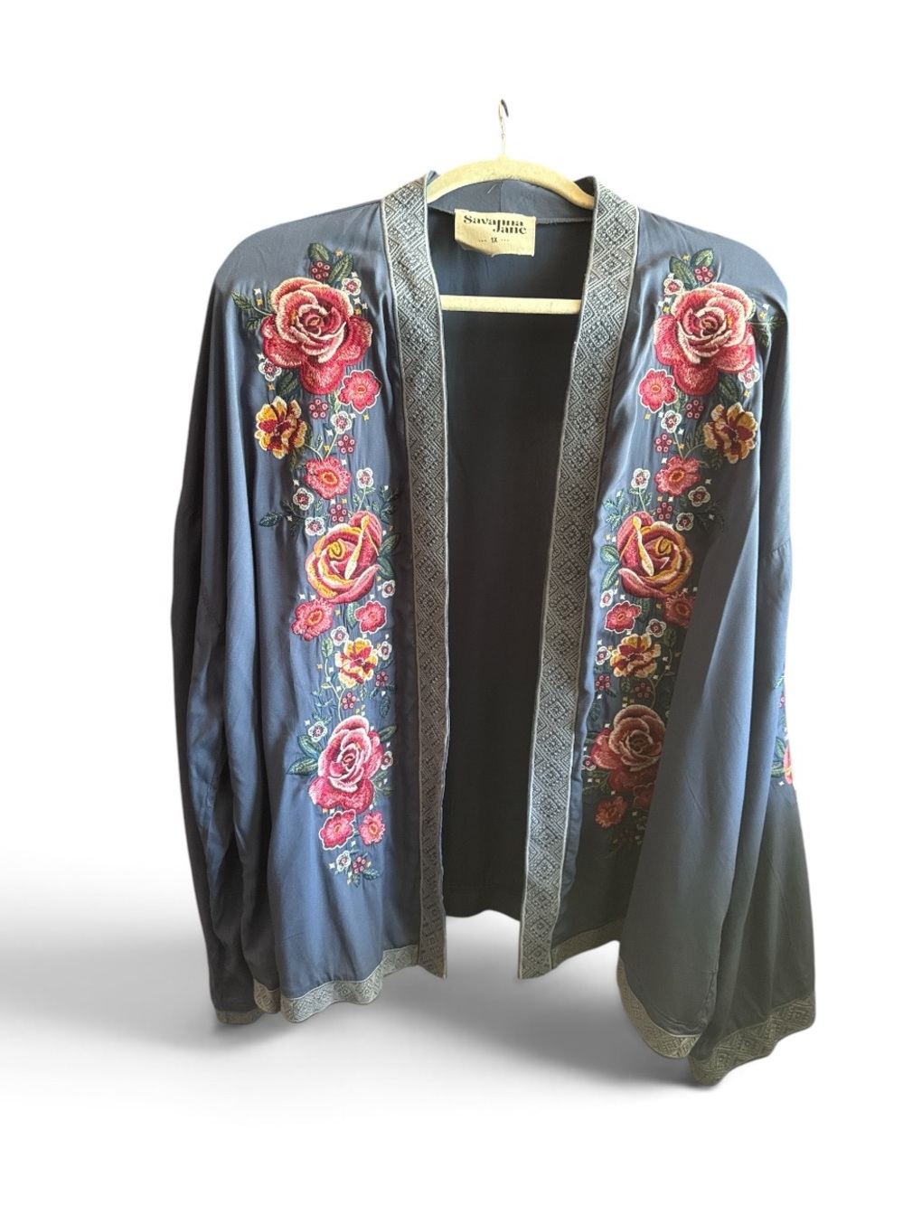 Savanna Jane Blue Open-Front Embroidered Rose Floral Kimono Size 1X Bohemian